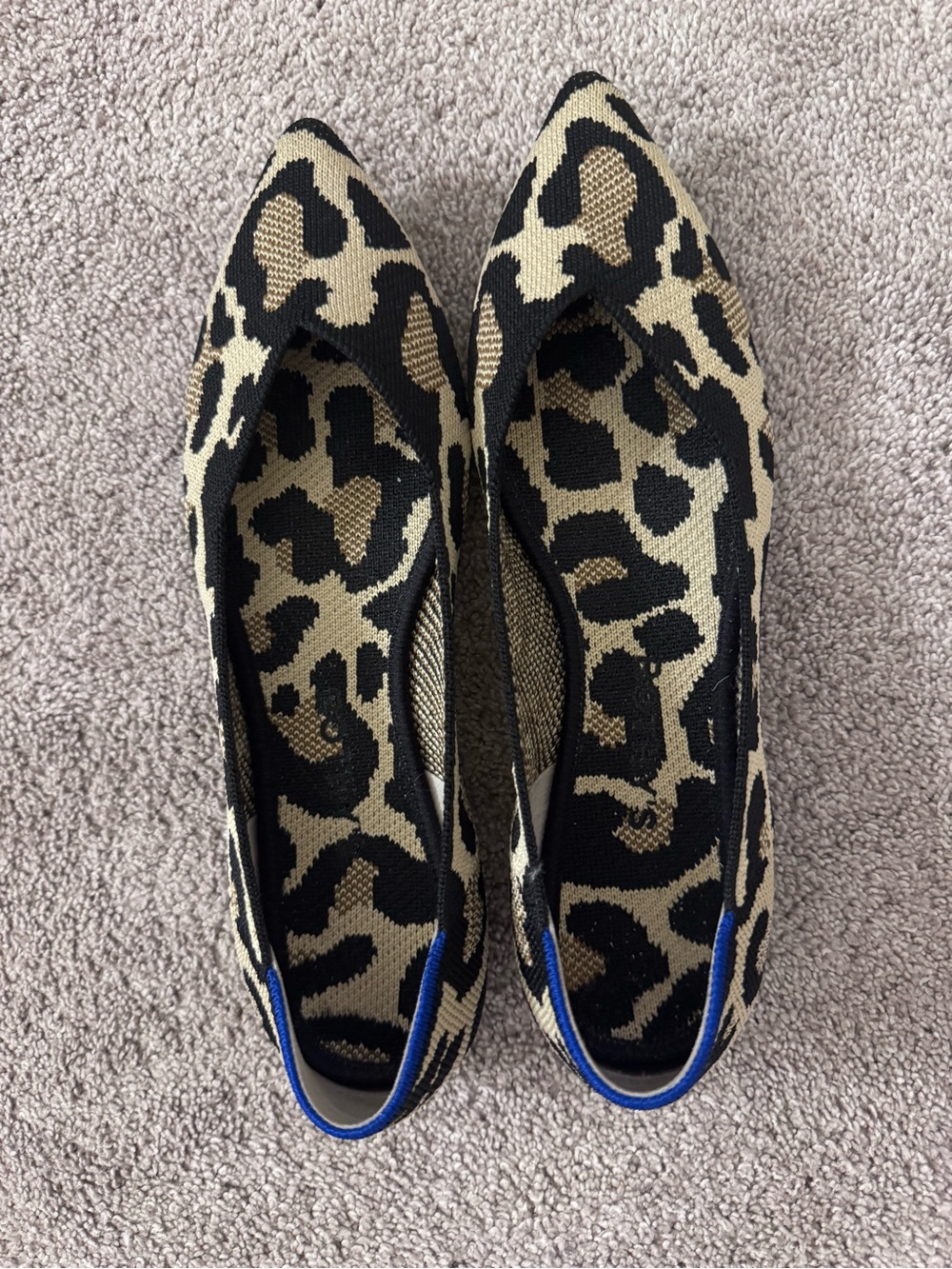 Rothy's Leopard Knit Pointed Flats in Black & Tan with Blue Trim